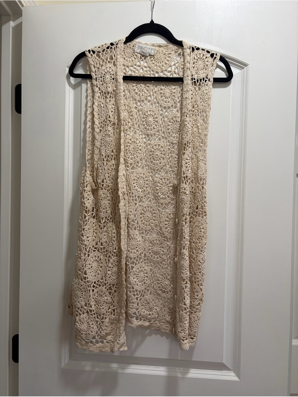 VTG Petite Sophisticate 100% Silk Crochet Long Vest Cover Up Boho Cottage S